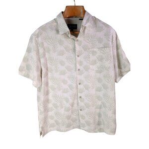 Nat Nast Luxury White Light Green Leaf Print Hawaiian Shirt Size L Silk Cotton